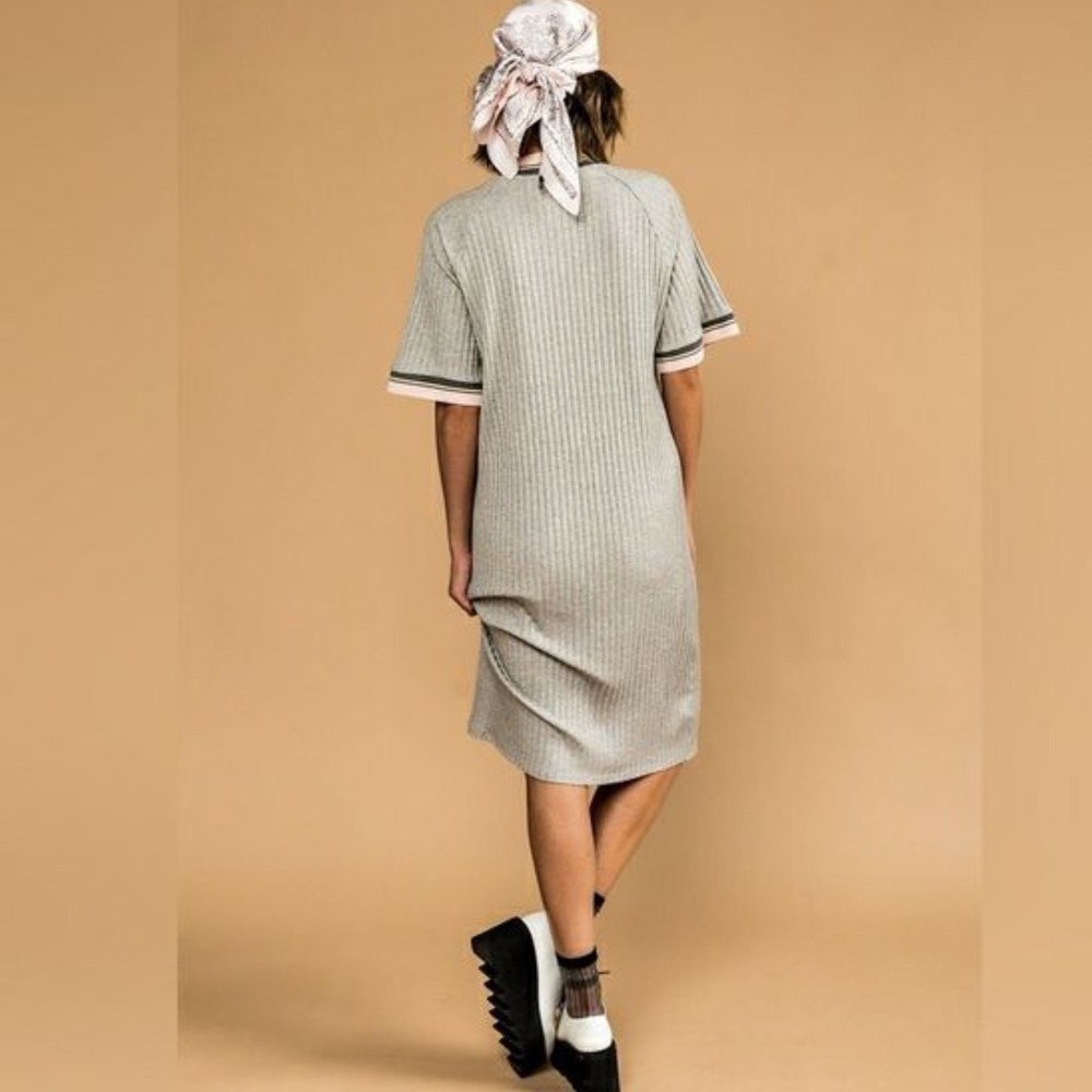 Dressed In Lala T-Shirt Dress Grey Ribbed Knit Sporty Striped Trim Size Medium